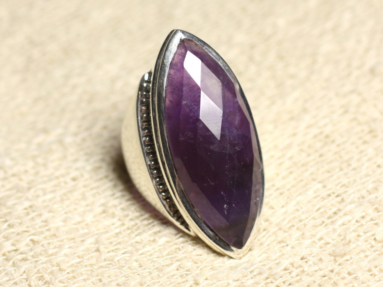 N348 - Bague Argent 925 Améthyste facettée Marquise 34x14mm 