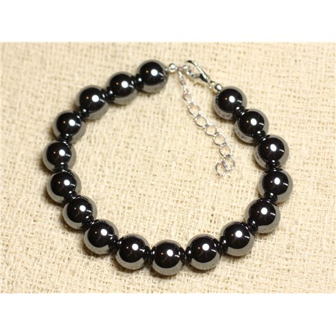 Bracelet Argent 925 et Pierre - Hématite Boules 8mm
