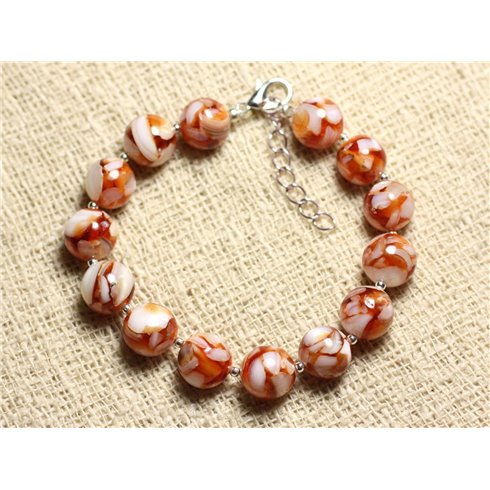 Bracelet Argent 925 Nacre et Résine 10mm Orange et Blanc 