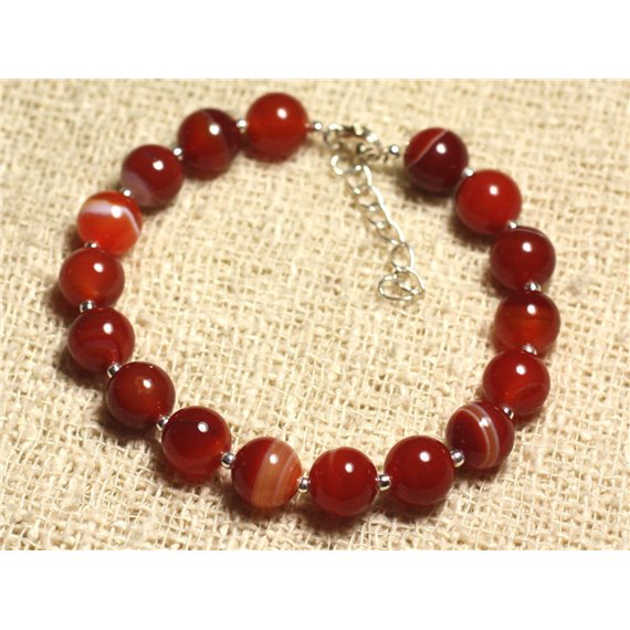 Bracelet Argent 925 et Pierre semi précieuse - Agate Rouge Orange 8mm