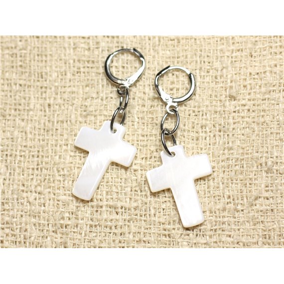 Boucles d'Oreilles Nacre Croix 22mm Blanc ou Couleurs au choix 