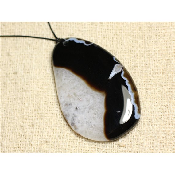 Collier Pendentif en Pierre - Agate et Quartz Noir et Blanc Goutte 64mm N5 