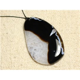 Stone Pendant Necklace - Agate and Quartz Black and White Drop 64mm N5 
