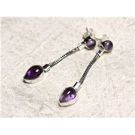 BO240 - 925 Sterling Silver and Amethyst Stone Dangling 45mm Chain Earrings 