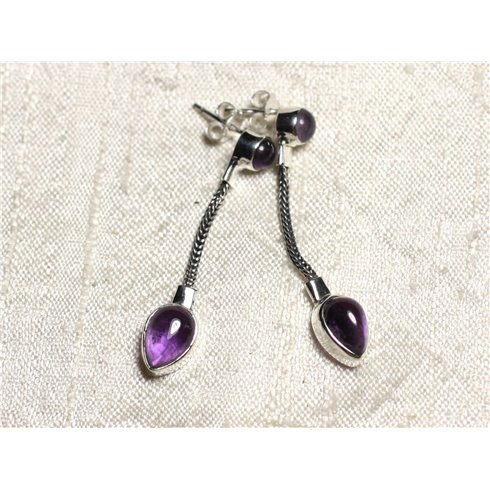 BO240 - Boucles d'Oreilles Argent 925 et Pierre Améthyste Pendantes Chaîne 45mm