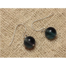 Boucles oreilles argent 925 et Pierre Fluorite Violet Bleu Boules 10mm N1