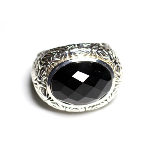 n114 - Bague Argent 925 et Pierre - Onyx noir Ovale facetté 16x12mm 