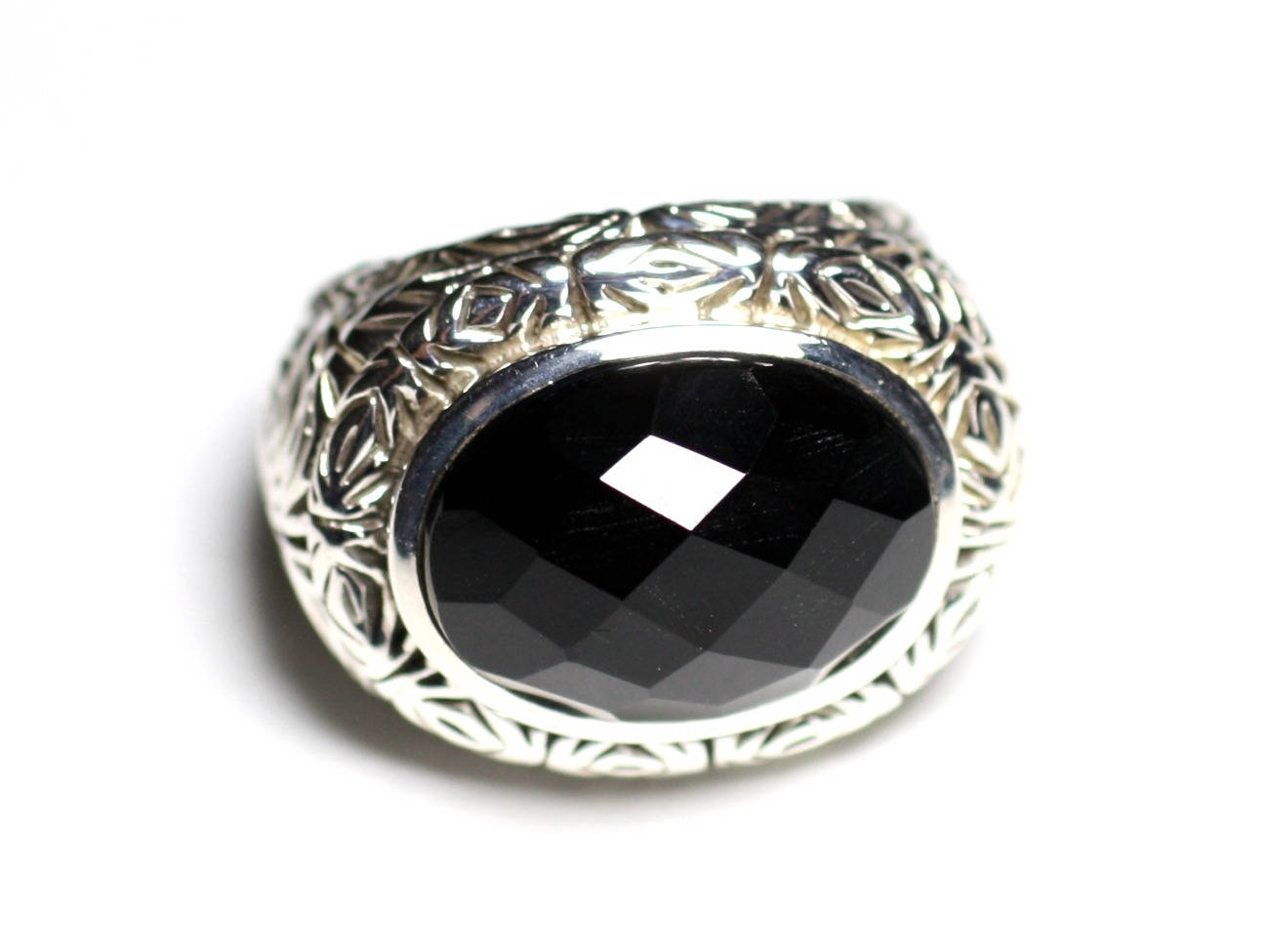 n114 - Bague Argent 925 et Pierre - Onyx noir Ovale facetté 16x12mm 