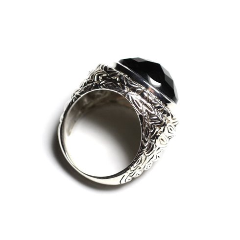 n114 - Bague Argent 925 et Pierre - Onyx noir Ovale facetté 16x12mm