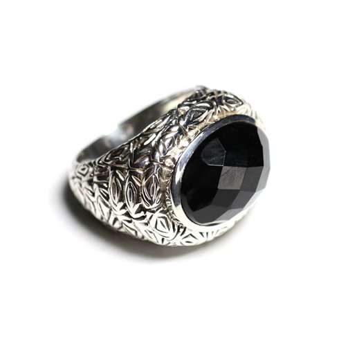 n114 - Bague Argent 925 et Pierre - Onyx noir Ovale facetté 16x12mm