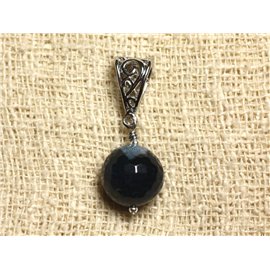 Stone and Rhodium Silver Metal Pendant - Black and Blue Faceted Agate 14mm 