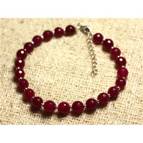 Bracelet Argent 925 et Pierre - Jade Rouge Rose Framboise Facettée 6mm 