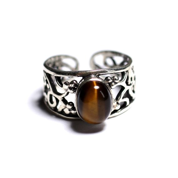 N224 - Bague Argent 925 et Pierre - Oeil de Tigre Ovale 9x7mm 