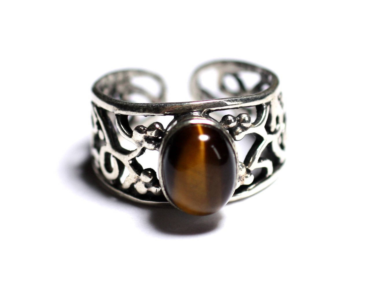 N224 - Bague Argent 925 et Pierre - Oeil de Tigre Ovale 9x7mm 