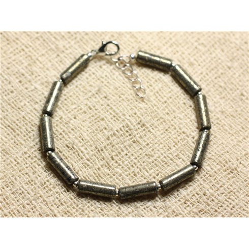 Bracelet Argent 925 et Pierre - Pyrite Tubes 13mm 