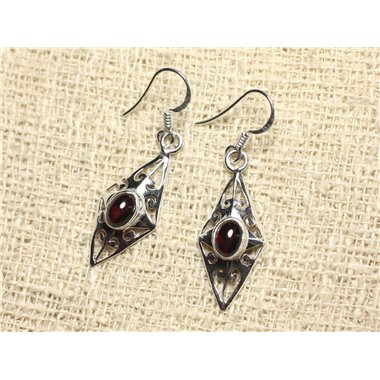 BO220 - Boucles d'Oreilles Argent 925 et Pierre - Losange Filigrane 28mm Grenat 