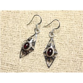 BO220 - 925 Sterling Silver and Stone Earrings - Losange Filigree 28mm Garnet 