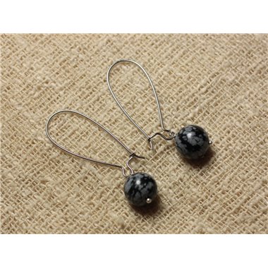 Boucles d'Oreilles Pierre semi précieuse - Obsidienne Flocon 10mm 