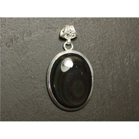 n72 - Pendentif Argent 925 et Pierre - Obsidienne Arc en Ciel Oeil Céleste Ovale 31x24mm 