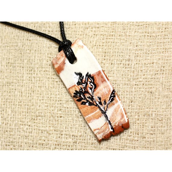 Collier Pendentif Céramique Empreintes Feuilles Nature Rectangle 51mm 