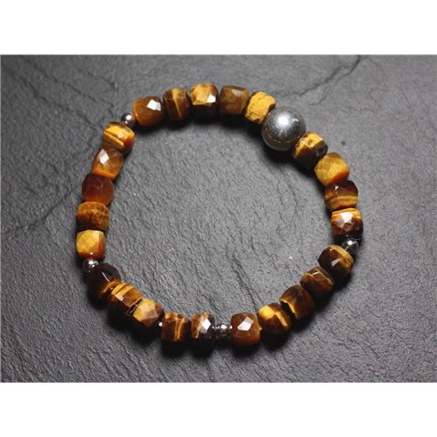 Bracelet Elastique Argent 925 et Pierre - Oeil de Tigre Cubes facettés 5-6mm 