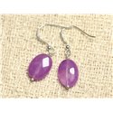 Boucles d'Oreilles Argent 925 et Pierre - Jade Violet Rose Ovales Facettés 14mm 