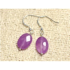 925 Silver and Stone Earrings - Pink Purple Jade Faceted Oval 14mm 