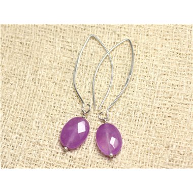 Boucles d'Oreilles Argent 925 et Pierre - Jade Violet Rose Ovales Facettés 14mm 