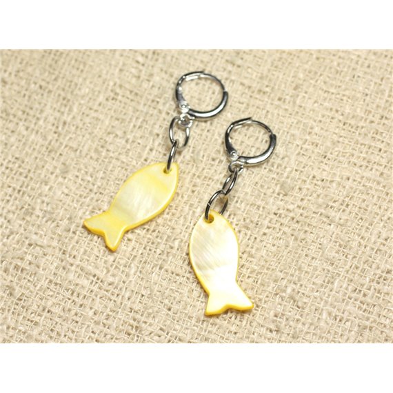 Boucles d'Oreilles Nacre Poissons 23mm Jaune 