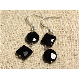 Boucles d'Oreilles Argent 925 - Onyx Noir Palets et Carrés facettés 10mm 