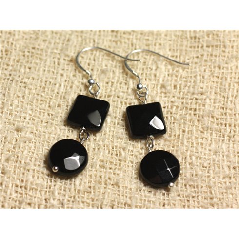 Boucles d'Oreilles Argent 925 - Onyx Noir Palets et Carrés facettés 10mm 