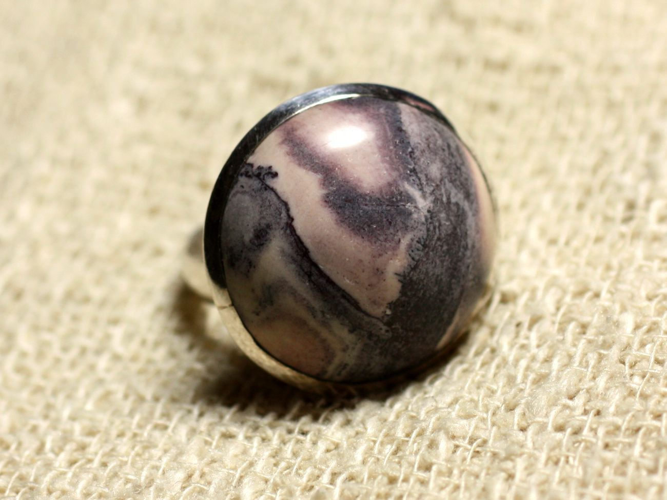 Bague Argent 925 et Pierre - Jaspe Porcelaine Rond 20mm Taille Réglable 