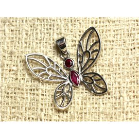 Pendentif Papillon 28mm Argent 925 et Pierre - Rubis 