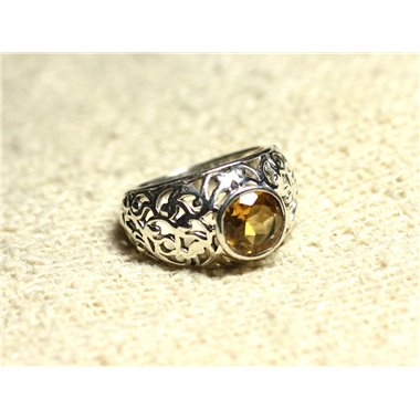 N112 - Bague Argent 925 et Pierre Filigrane Arabesques - Citrine Rond Facetté 8mm 