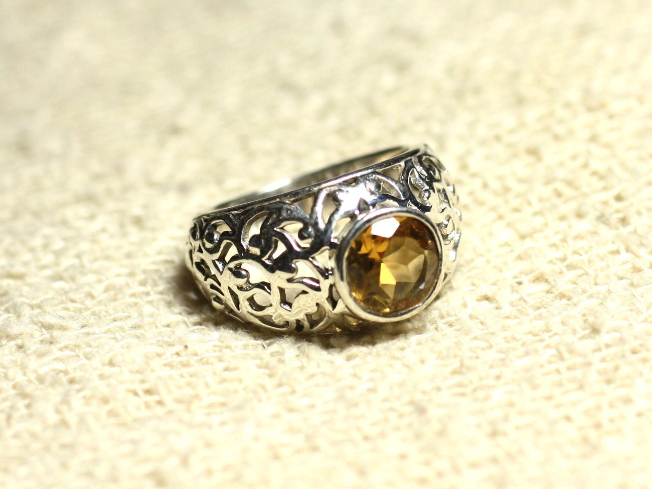 N112 - Bague Argent 925 et Pierre Filigrane Arabesques - Citrine Rond Facetté 8mm 