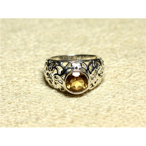 N112 - Bague Argent 925 et Pierre Filigrane Arabesques - Citrine Rond Facetté 8mm