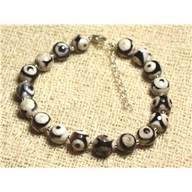 Bracelet Argent 925 et Pierre semi précieuse - Agate Blanche et Noire 8mm