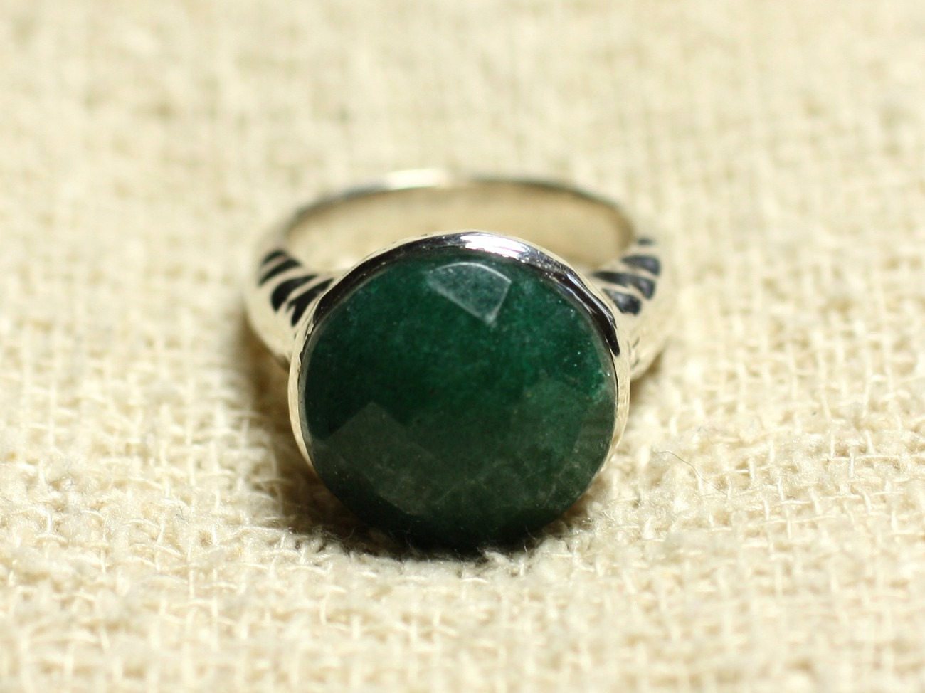 N120 - Bague Argent 925 et Pierre - Aventurine Facettée Rond 15mm 