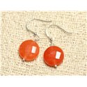 Boucles d'Oreilles Argent 925 et Pierre - Jade Orange Palets Facettés 14mm 