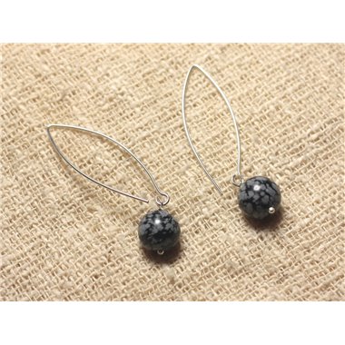 Boucles d'Oreilles Argent 925 et Pierre - Obsidienne Flocon 10mm 