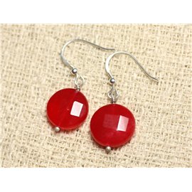 925 Silver and Stone Earrings - Red Jade Faceted Palets 14mm 