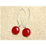 Boucles d'Oreilles Argent 925 et Pierre - Jade Rouge Palets Facettés 14mm 