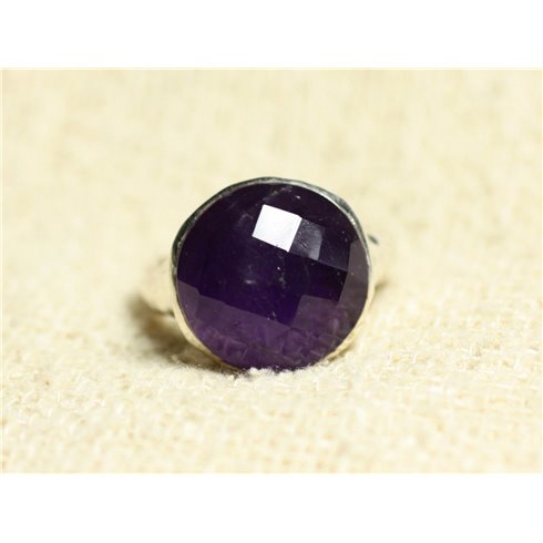 N120 - Bague Argent 925 et Pierre - Améthyste Facettée Rond 15mm