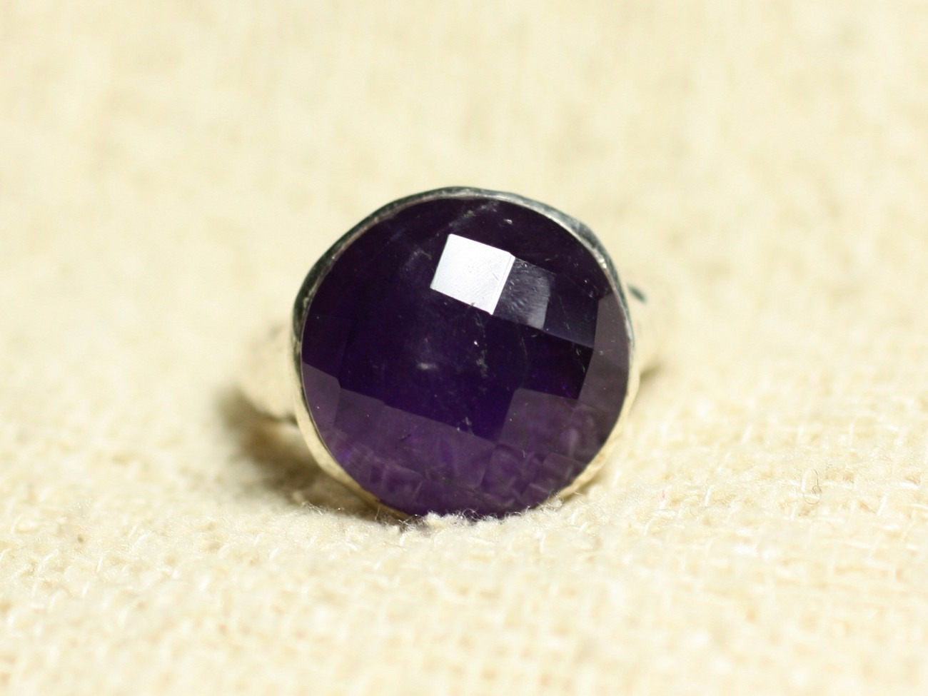 N120 - Bague Argent 925 et Pierre - Améthyste Facettée Rond 15mm 
