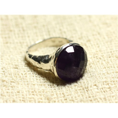 N120 - Bague Argent 925 et Pierre - Améthyste Facettée Rond 15mm