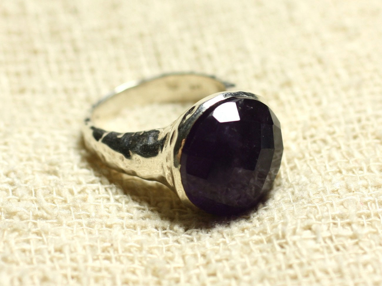 N120 - Bague Argent 925 et Pierre - Améthyste Facettée Rond 15mm 
