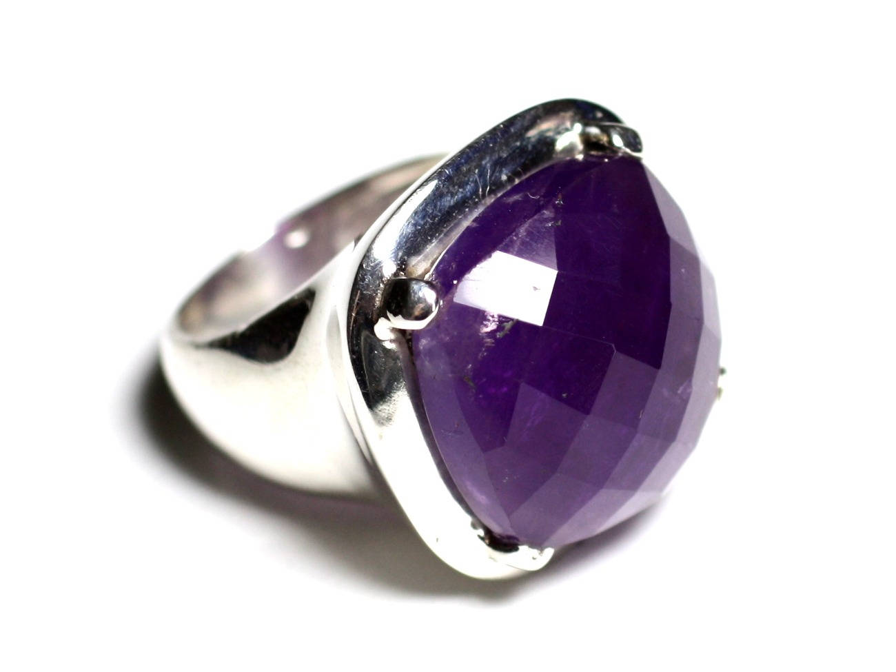 n110 - Bague Argent 925 et Pierre - Améthyste Facettée Carré 18mm 