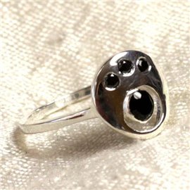 N226 - Anillo Plata 925 y Piedra - Ónix Negro Facetado Redondo 2-4mm 