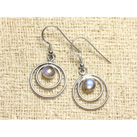 BO202 - Boucles d'Oreilles Argent 925 Cercles 19mm - Pierre de Lune Arc en Ciel 