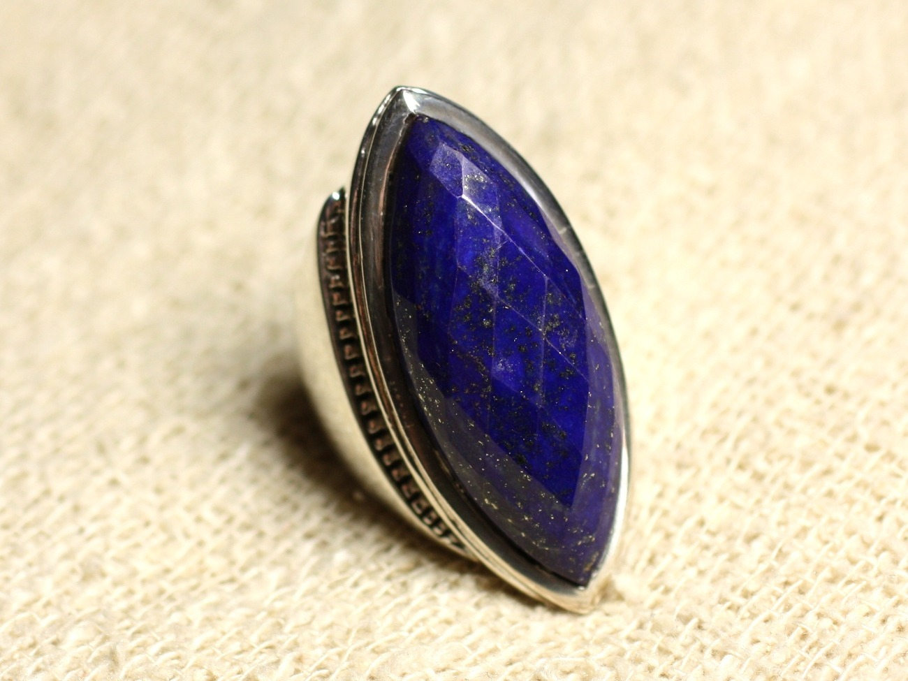 N348 - Bague Argent 925 Lapis Lazuli facetté Marquise 34x14mm 